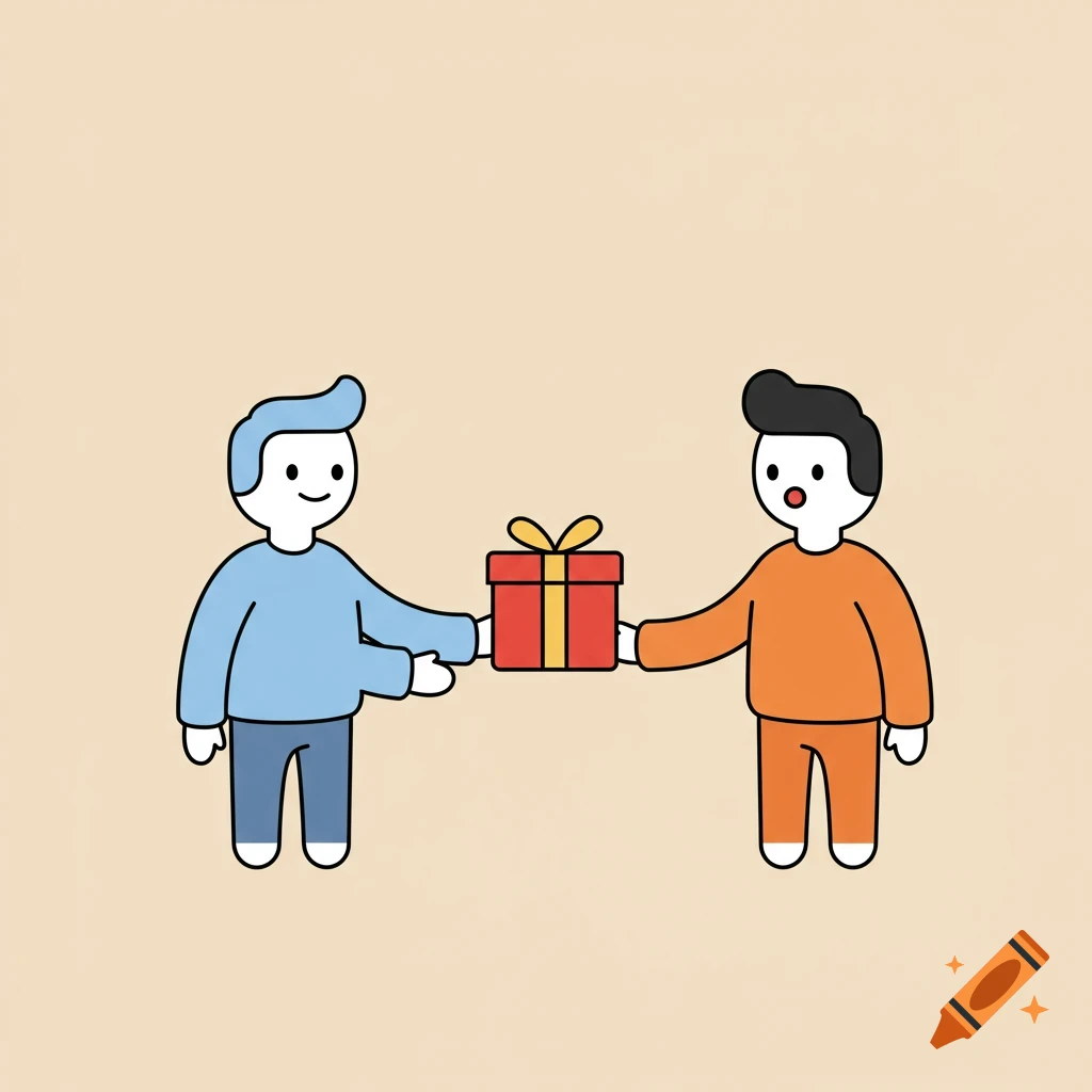 A minimalist digital illustration shows two cartoon-like people exchanging a red gift box with a yellow ribbon against a light peach background.