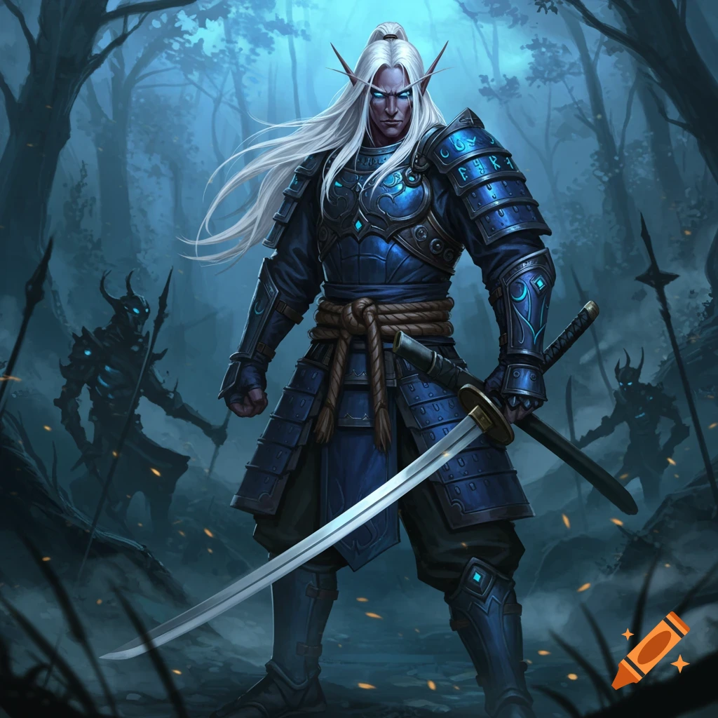 A white-haired dark elf warrior in blue samurai armor holds a katana in a moonlit forest with shadowy figures.