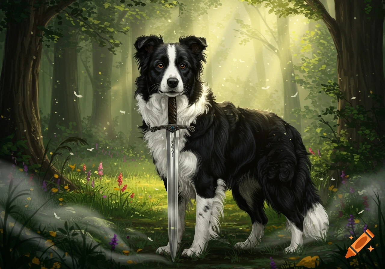 A majestic black and white Border Collie stands guarding a sword in a magical, sun-dappled forest, digital art style.