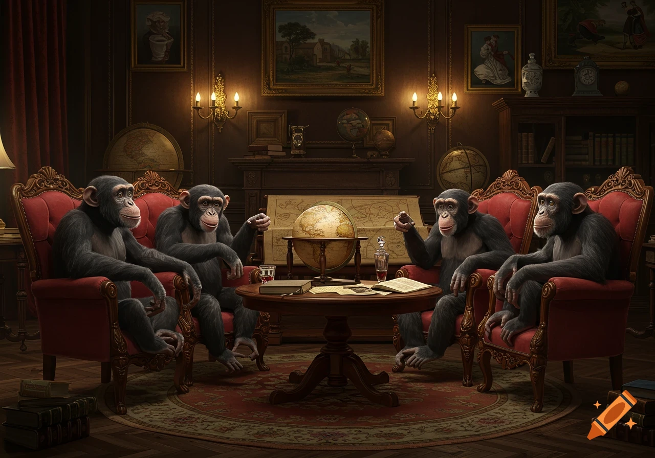 Four chimpanzees sit in red armchairs around a round wooden table with a globe in an opulent, dimly lit room.