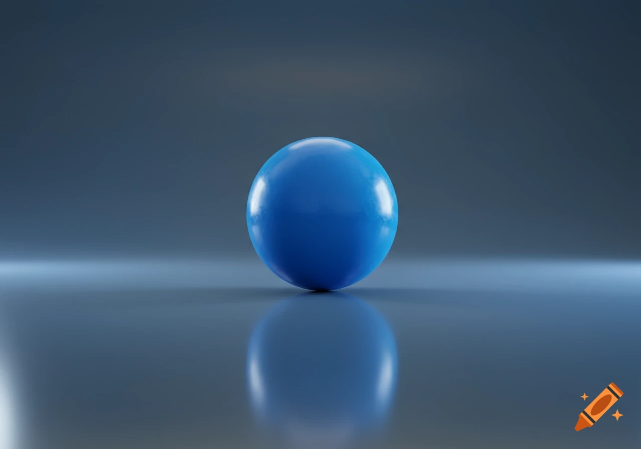 A blue glossy sphere sits on a reflective dark blue surface with soft lighting.