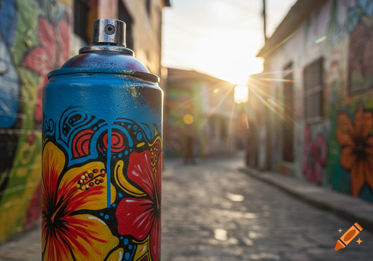 A vibrant spray paint can decorated with red and yellow hibiscus flowers in a sunlit alley with street art.