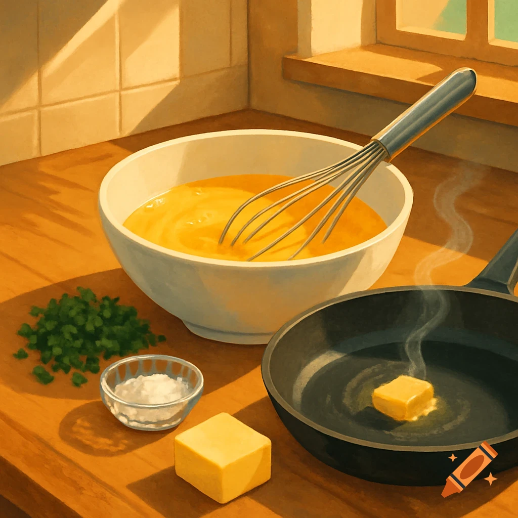 A white bowl with whisked eggs and a whisk, a hot frying pan with melting butter, a pat of butter, a small bowl of salt, and chopped chives on a wooden kitchen counter.