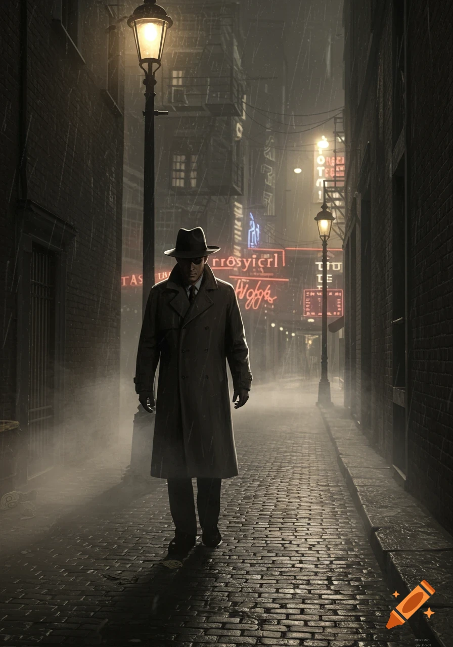 A man in a trench coat and fedora walks down a misty, rainy cobblestone alley, lit by streetlights and blurry neon signs.