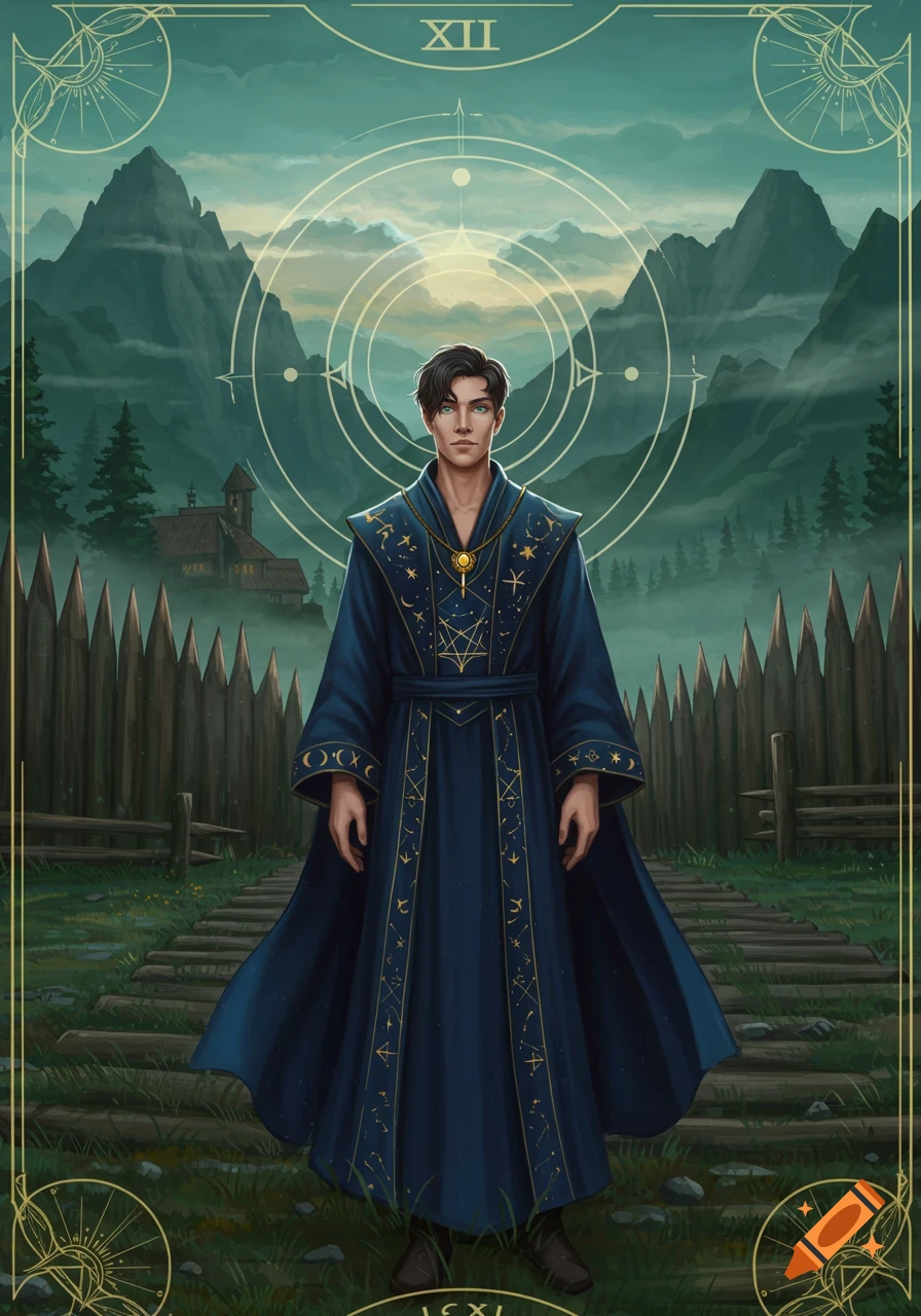 A young mage in a blue, star-embroidered robe stands before mountains and a palisade in a fantasy tarot card illustration.