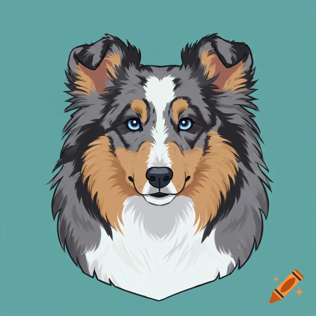 Clipart headshot of a blue merle Sheltie dog with bright blue eyes, facing forward against a teal background.