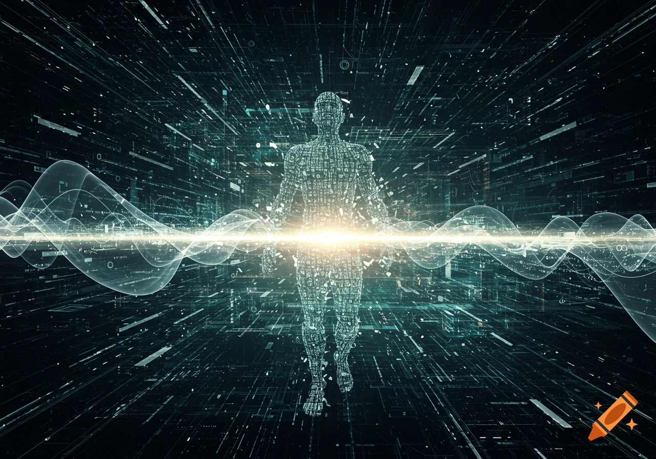 A glowing, pixelated human figure stands in a complex digital network of lines and light, representing data.