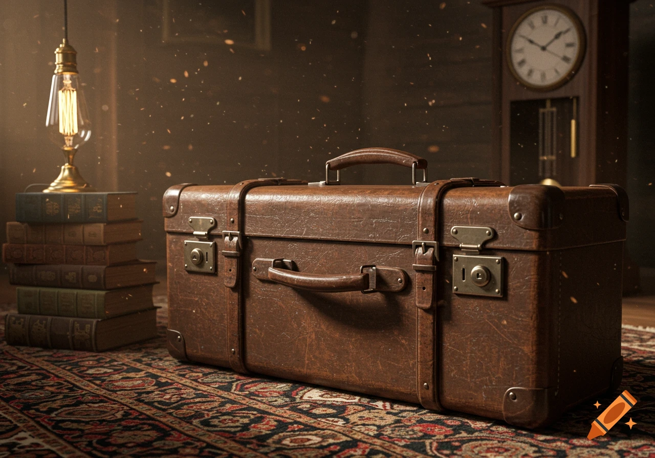Brown vintage leather suitcase on an ornate rug, next to a stack of old books and a brass lamp, with a grandfather clock in the background, in warm, dusty light.