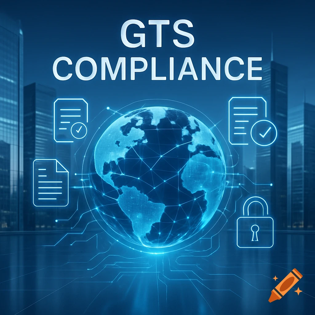 Digital illustration of a glowing blue globe with network lines, surrounded by document and padlock icons, and the text "GTS COMPLIANCE" against a blurred cityscape.
