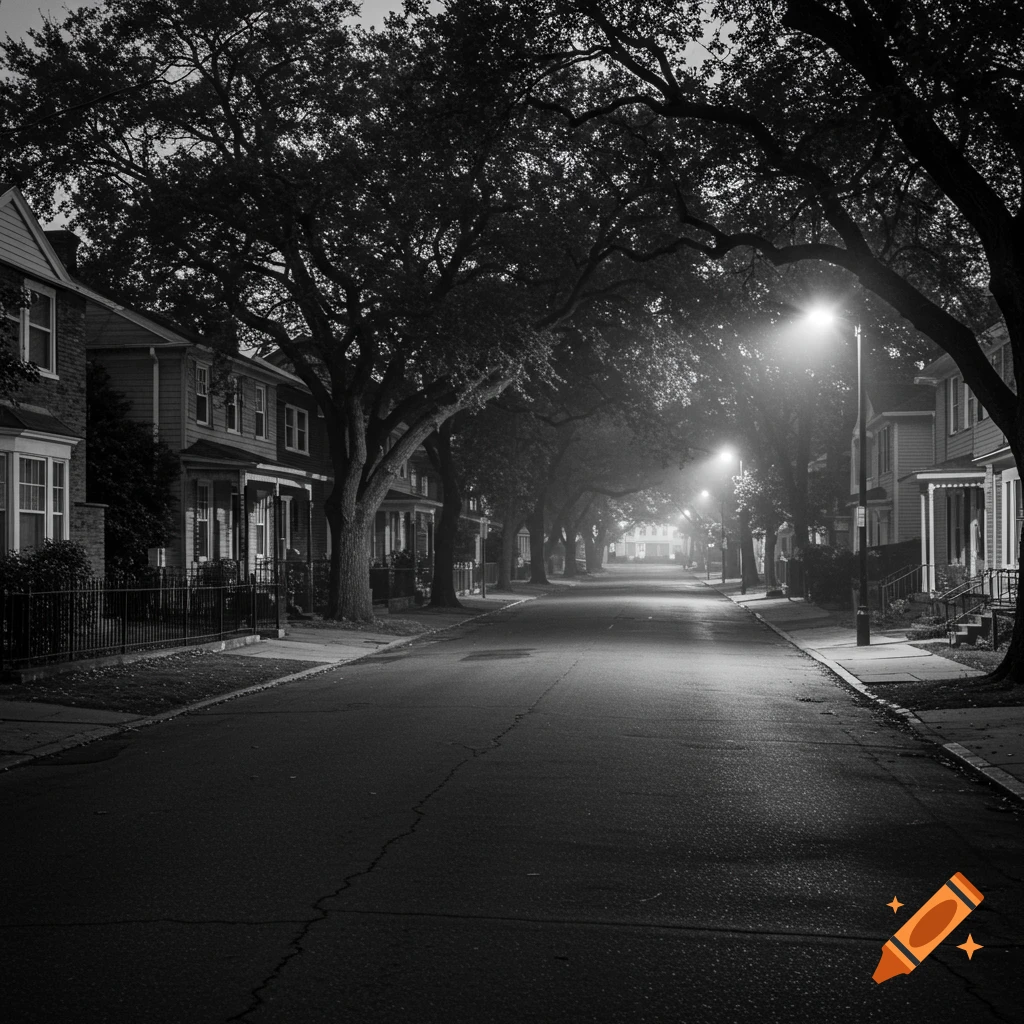 A black and white street in a residential neighborhood at night, lined with large trees and glowing streetlights.