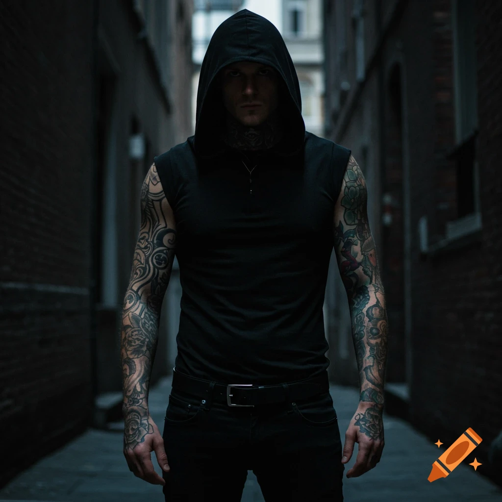 A man in a black hooded sleeveless top with full arm tattoos stands in a dark alley, his face obscured by shadow.