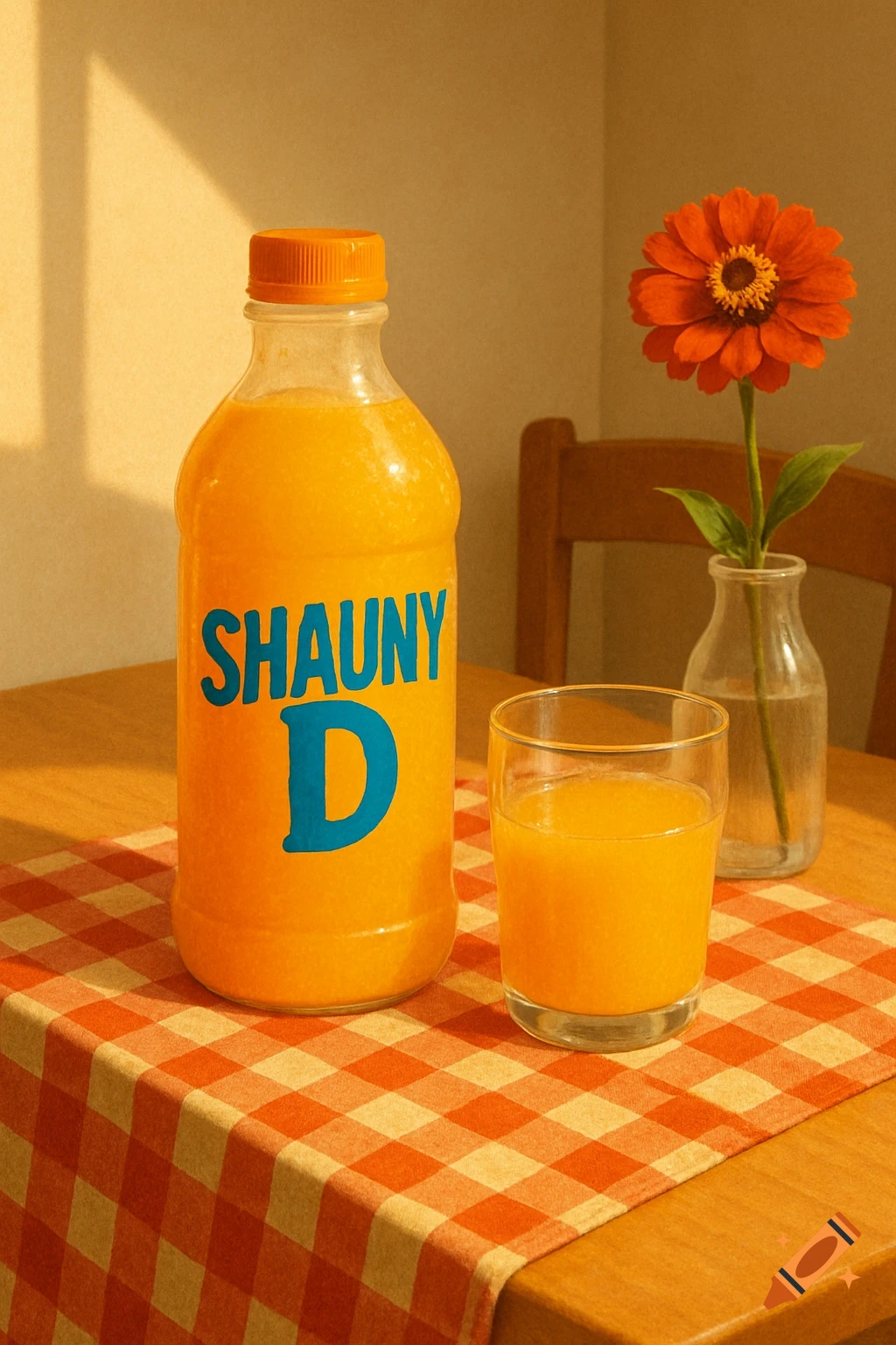 Photorealistic still life of a bottle of orange juice labeled "Shauny D", a glass of juice, and a red flower in a vase on a plaid table runner.