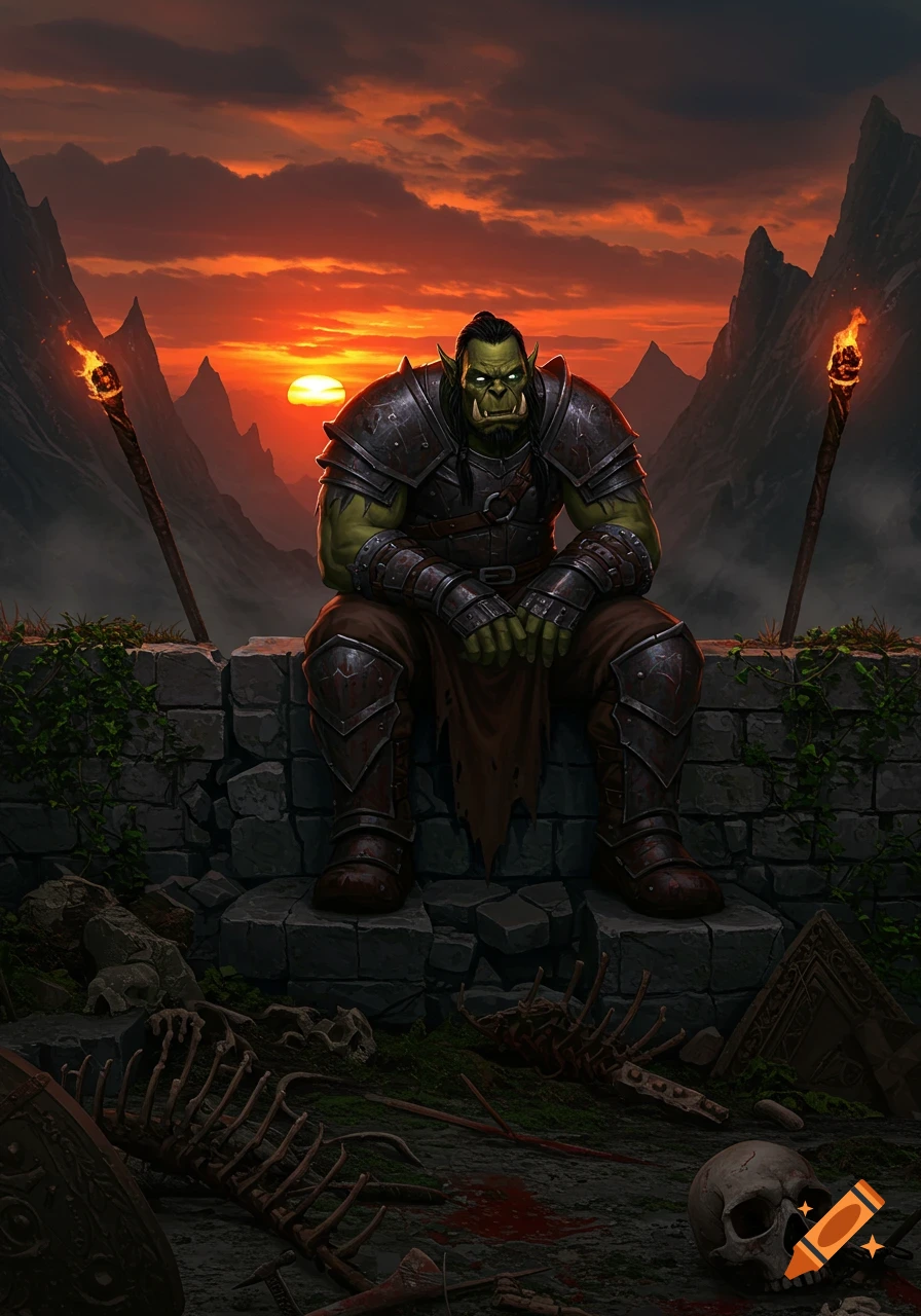 An armored orc sits on a broken stone wall at sunset, surrounded by bones and debris in a dark fantasy landscape.