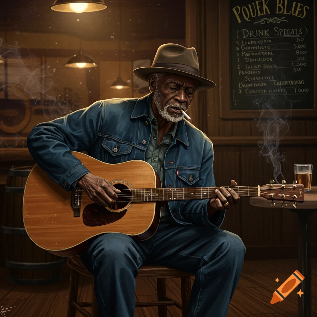 An old blues guitarist with a fedora and denim jacket sits on a stool, playing an acoustic guitar and smoking a cigarette in a dimly lit bar.