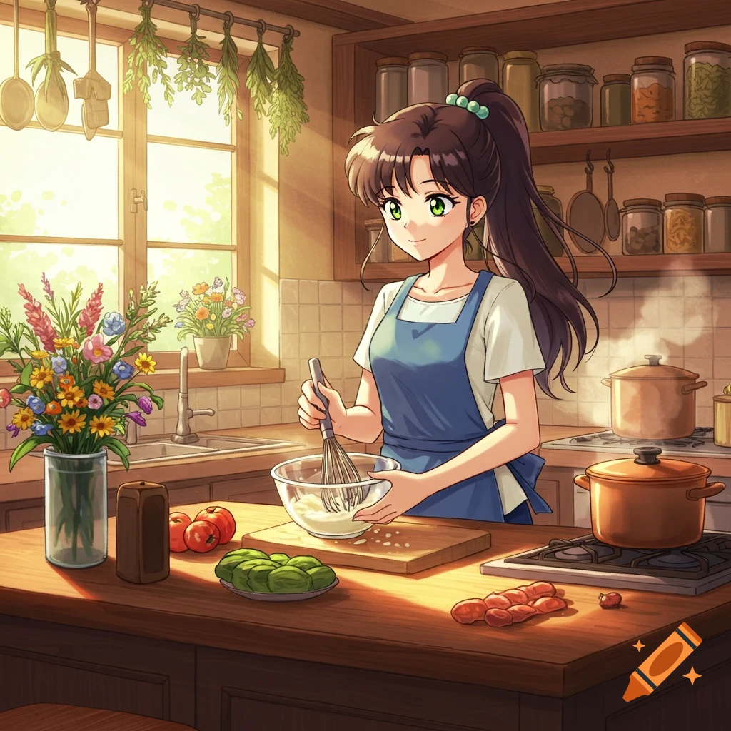 An anime girl in a blue apron whisks ingredients in a sunlit kitchen with pots, vegetables, and shelves of jars.