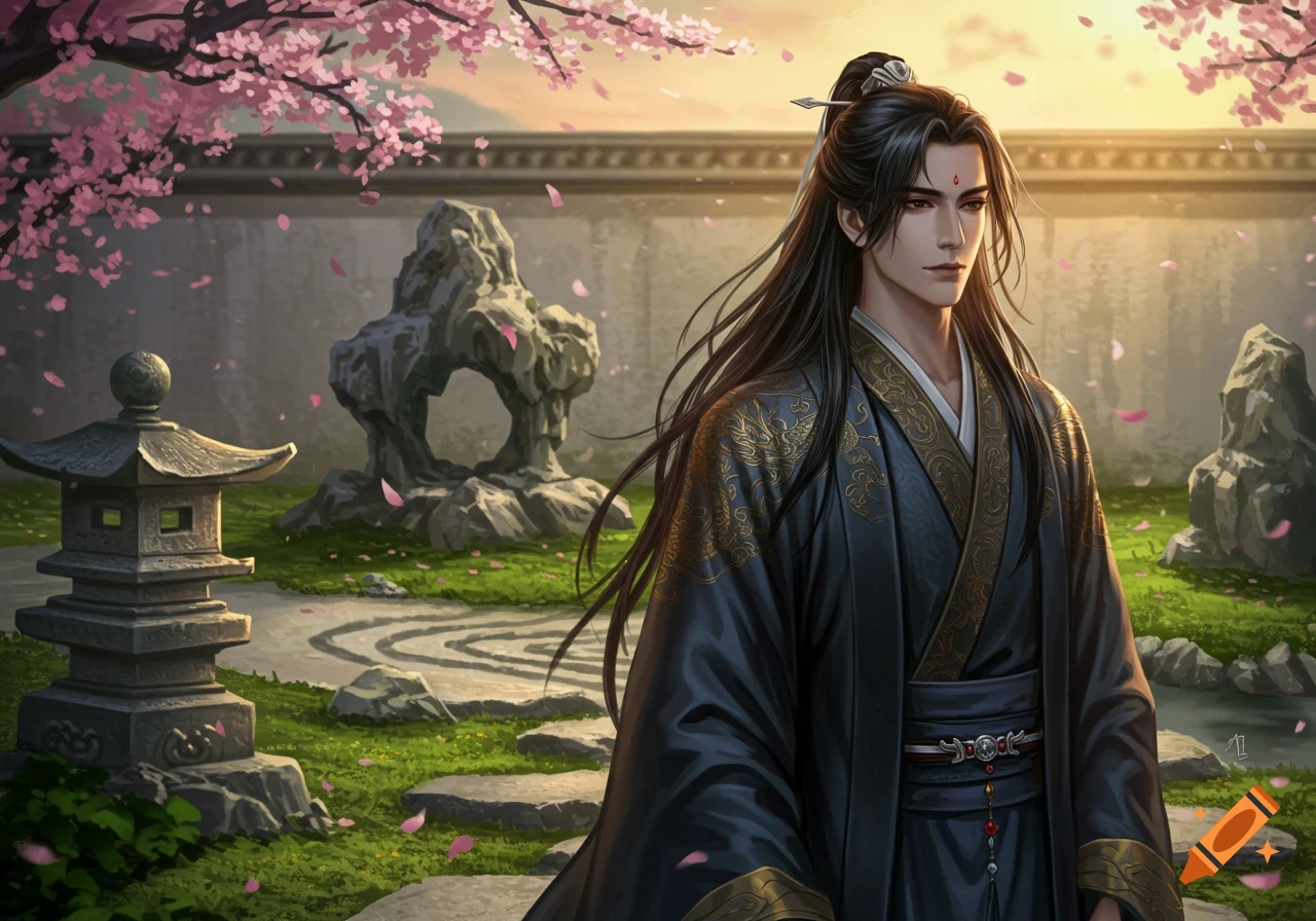 A man with long dark hair in a traditional black and gold Chinese robe stands in a tranquil garden with cherry blossoms and stone lanterns.