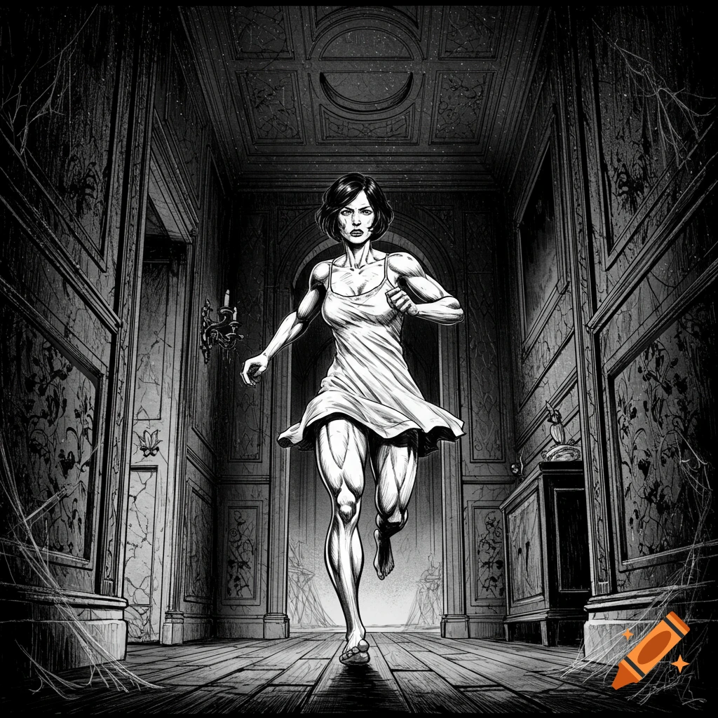 A muscular woman in a tattered nightdress runs barefoot through a haunted Victorian mansion, rendered as a black and white sketch.