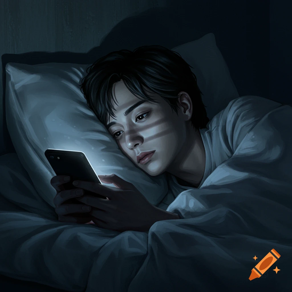 A person lying in bed in a dark room, illuminated by the glow of a smartphone screen.