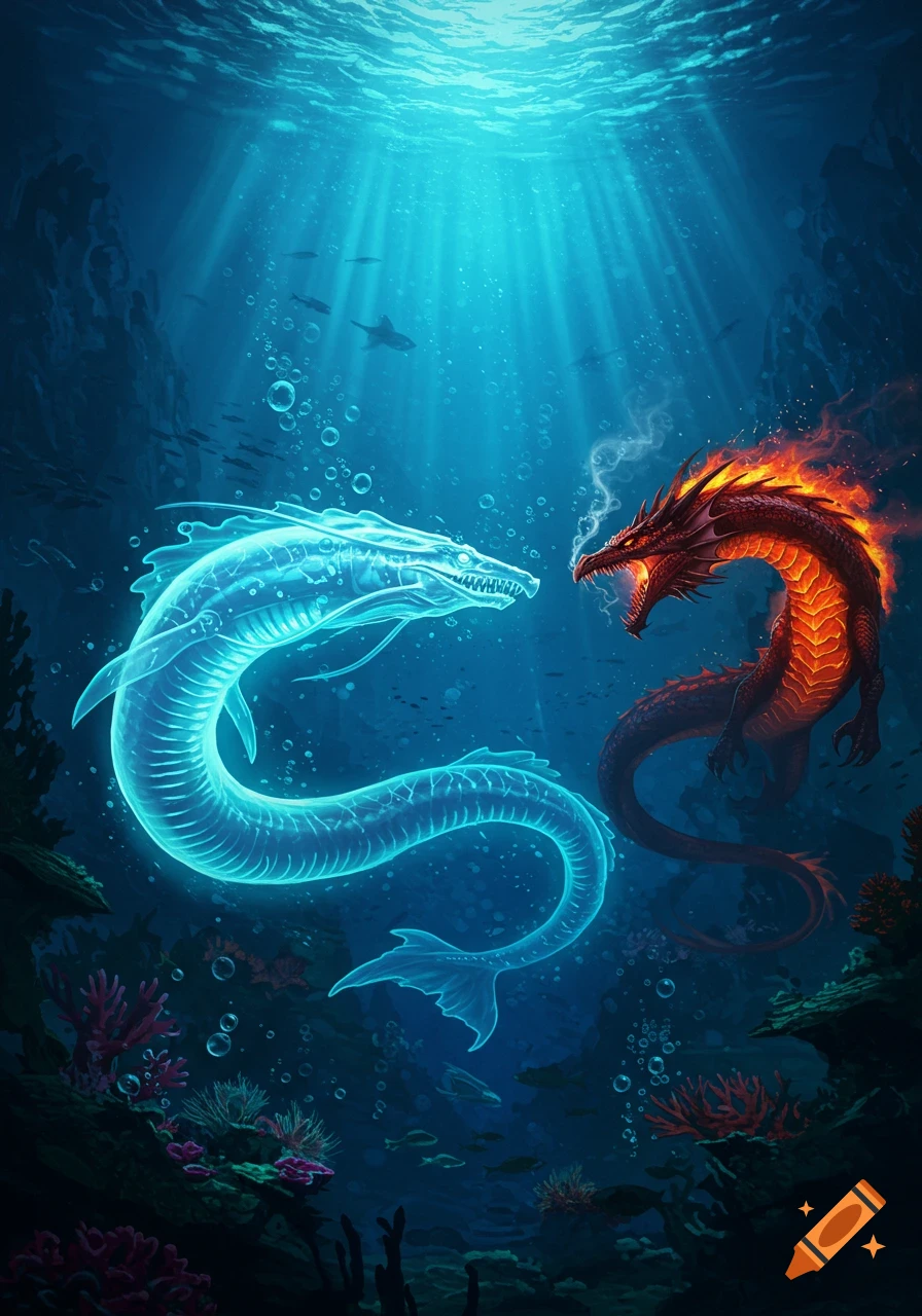 A glowing blue leviathan and a fiery red sea dragon face off in a vibrant underwater scene with coral and light rays.