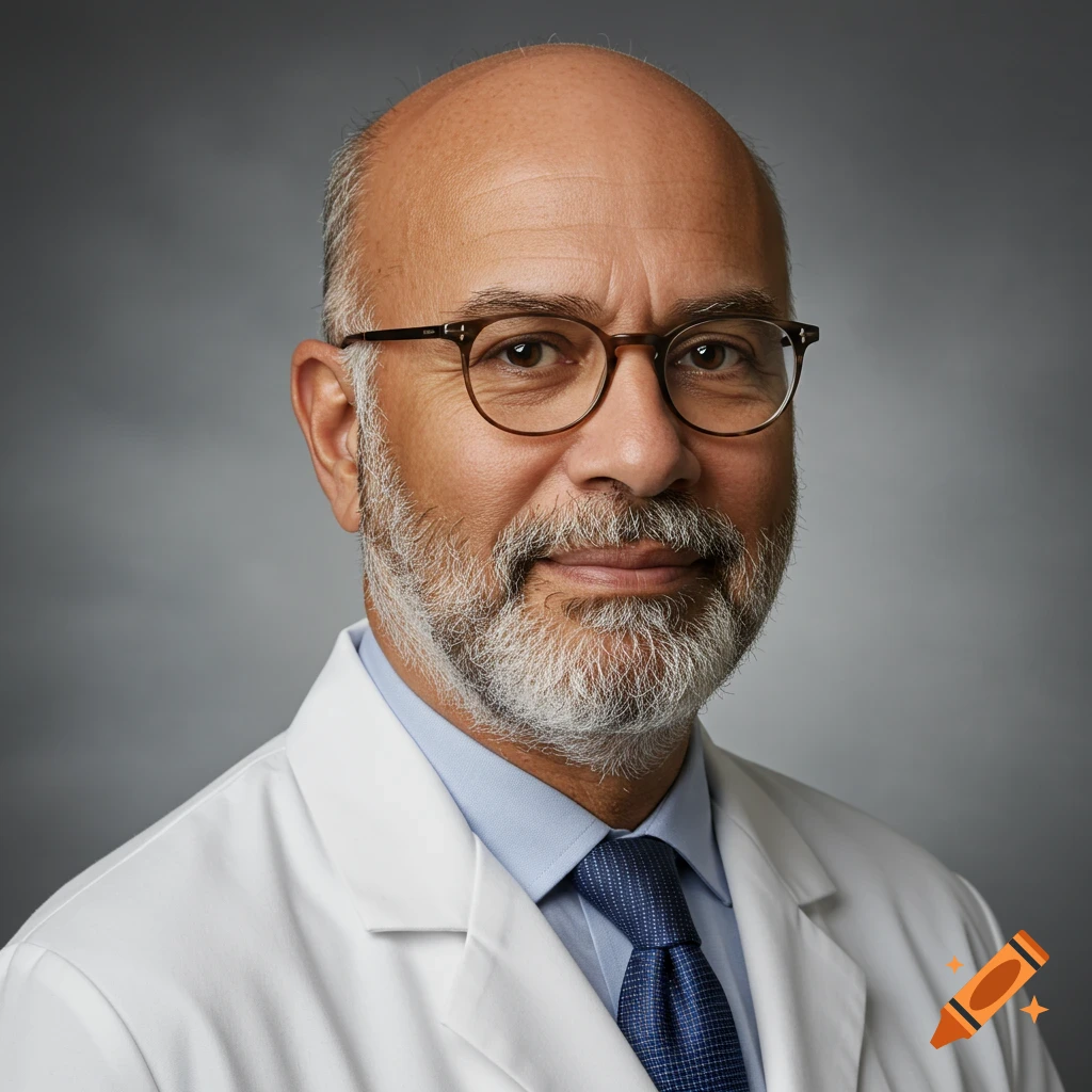 A professional headshot of a smiling bald man with a white beard and glasses, wearing a white lab coat and blue tie.