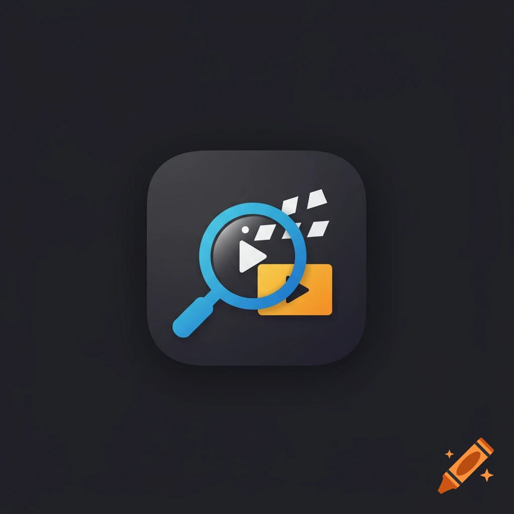 Modern, minimalist app icon on a dark background, featuring a blue magnifying glass over a white film clapboard and an orange video player icon.