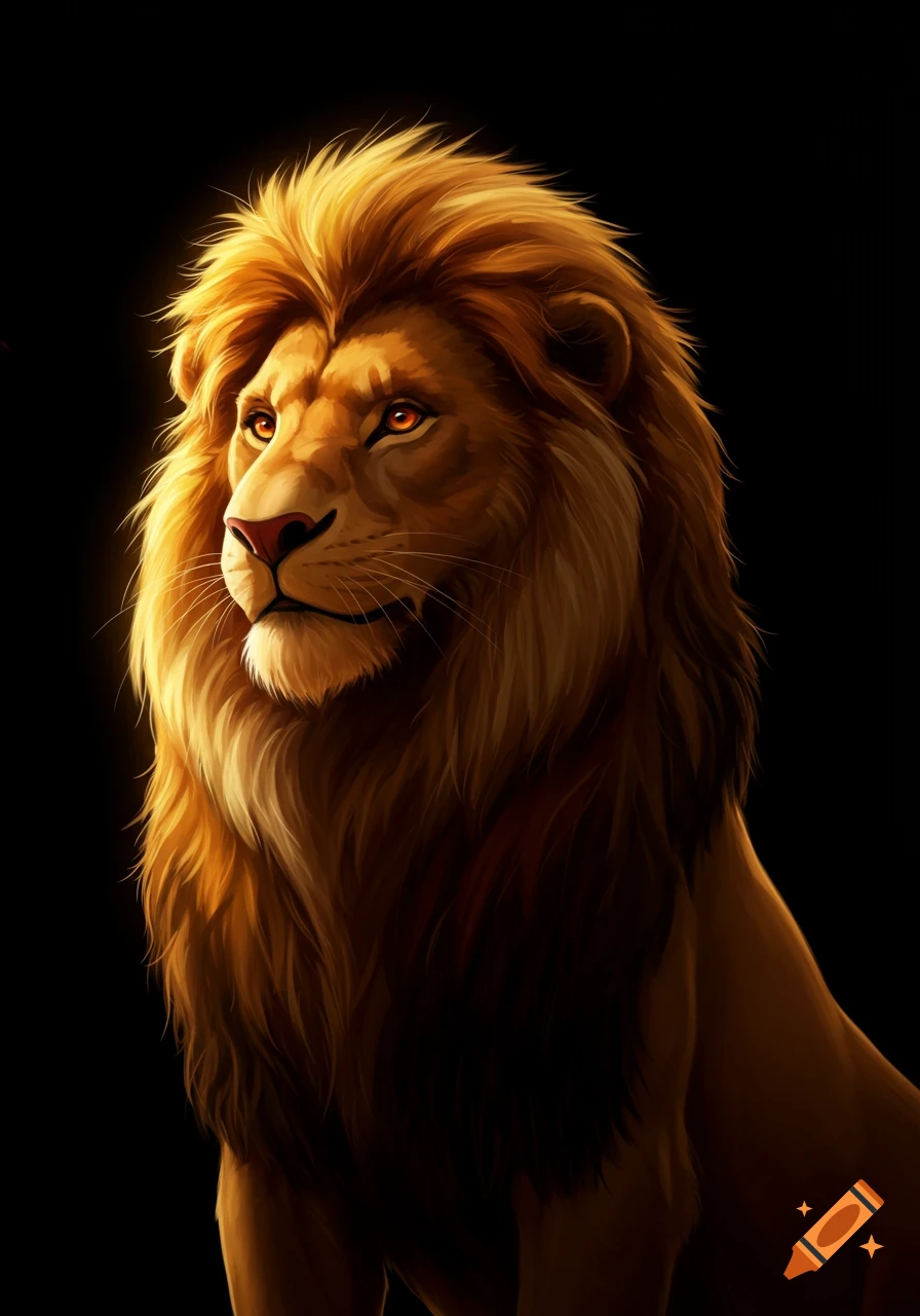 A regal digital art depiction of a lion with a golden mane and bright eyes against a dark background, looking left.
