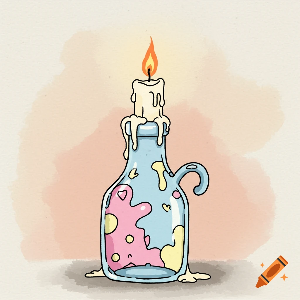 Cartoon illustration of a light blue bottle with a lit candle melting wax onto its top, featuring colorful blobs and hearts inside, on a watercolor background.