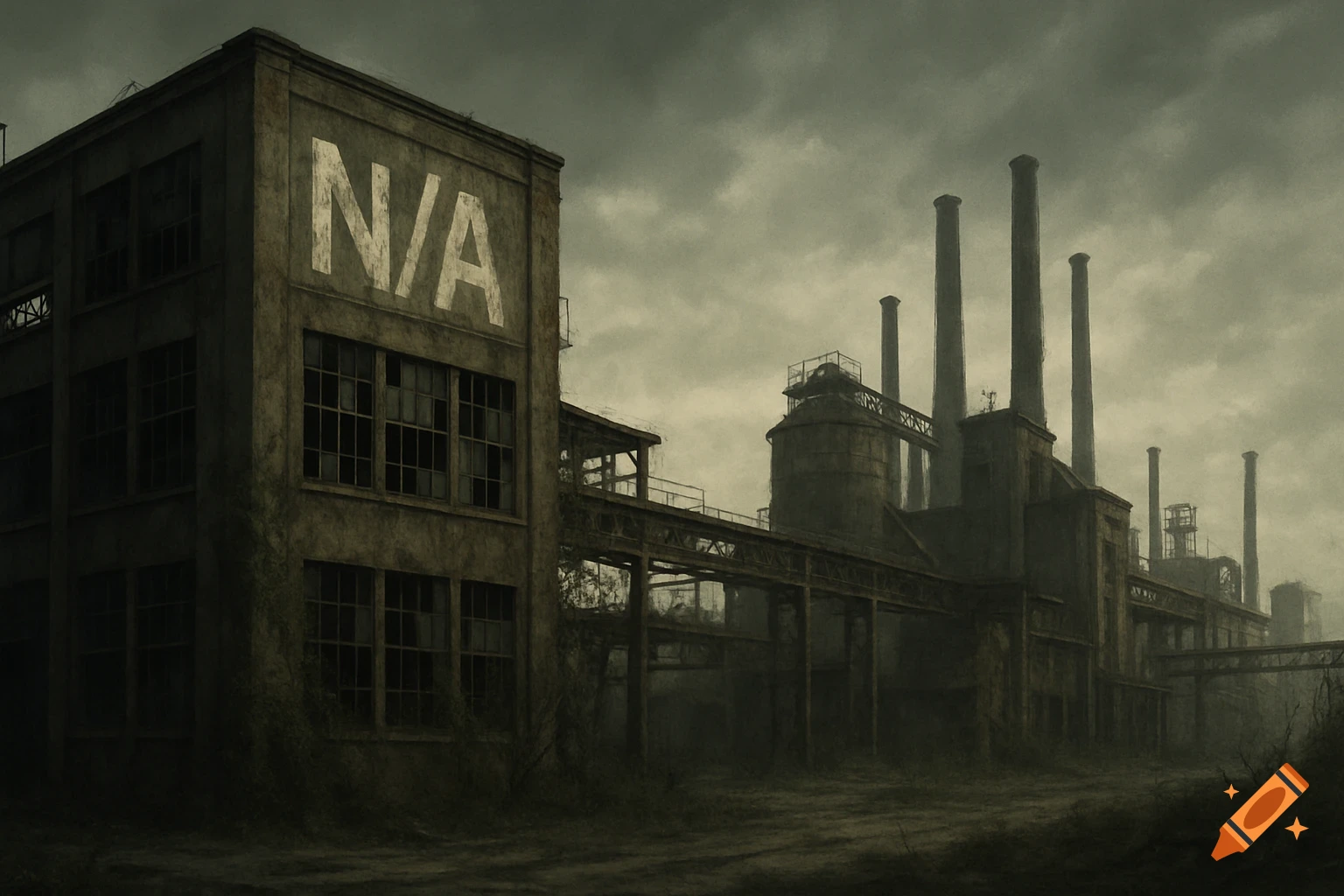 A grim, abandoned industrial complex under a cloudy sky, with a faded 'N/A' sign on a building.