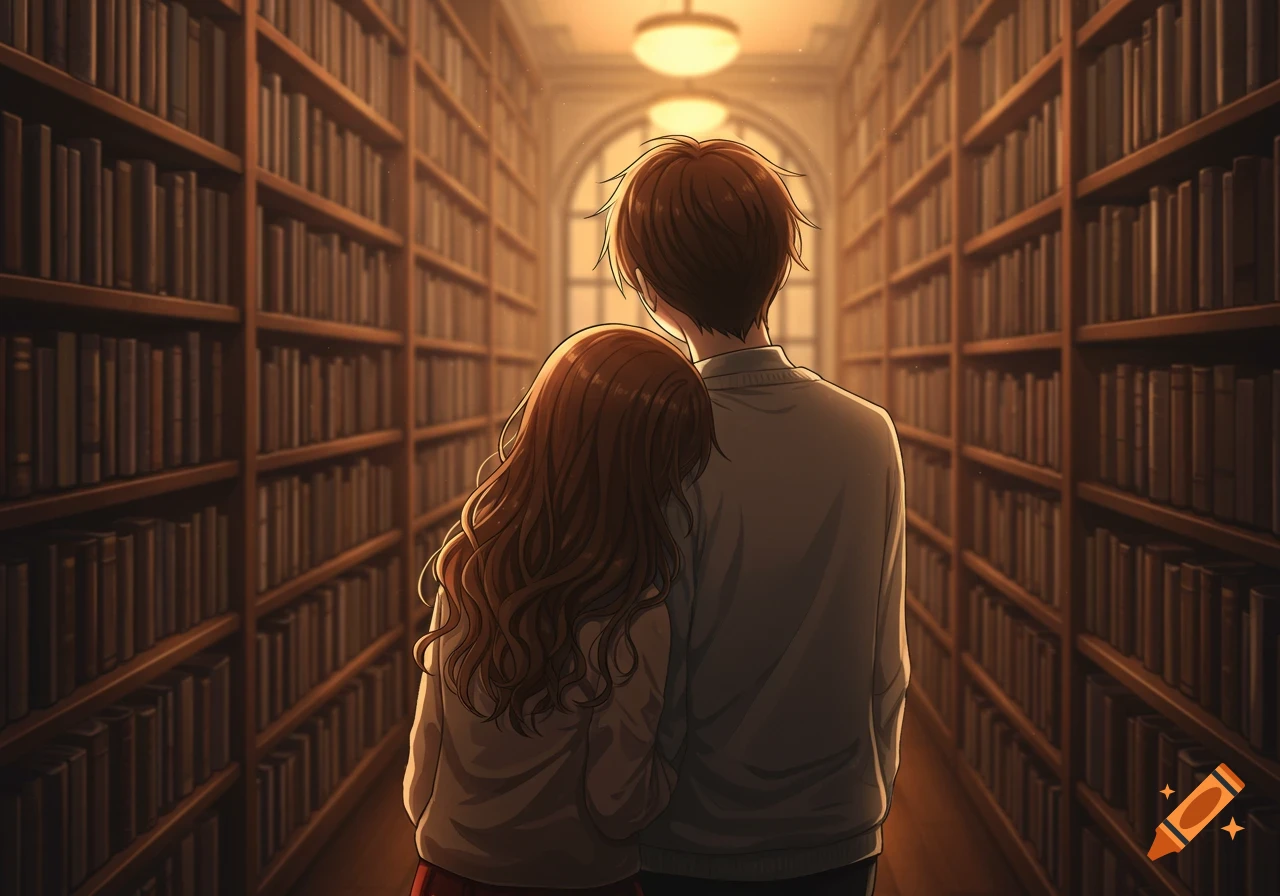 Anime illustration of a couple from behind, girl resting head on boy's shoulder, in a warm, lit library aisle lined with books.