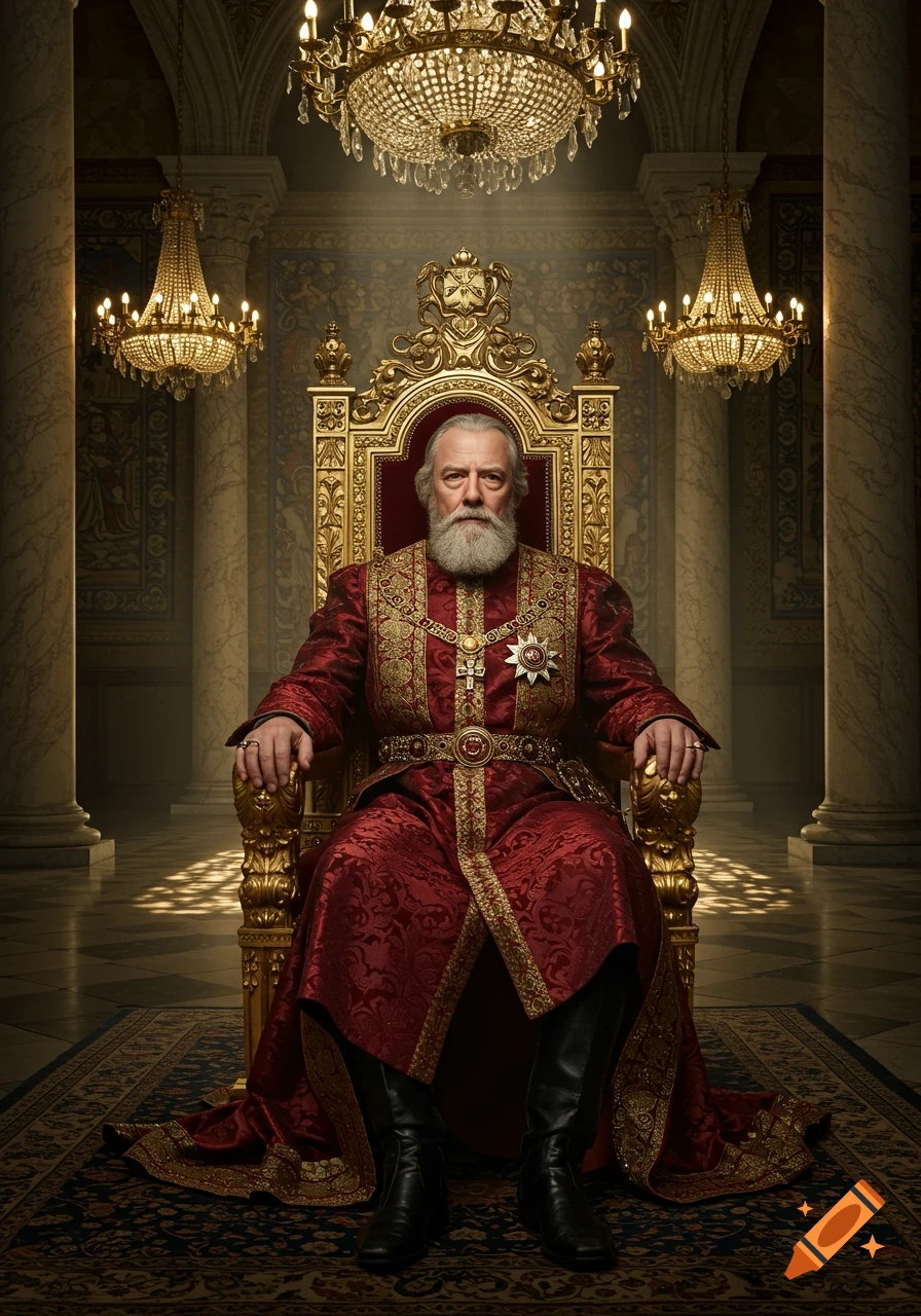 A regal older king with a white beard sits on an ornate golden throne in a grand, richly decorated hall, depicted in a photorealistic style.