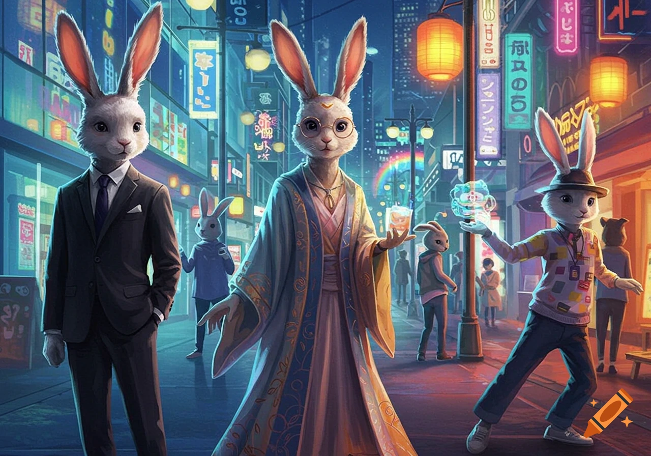 Stylish humanoid rabbits, one in a suit, another in a robe, and a third in a hat and sweater, walk through a neon-lit modern city street at night.