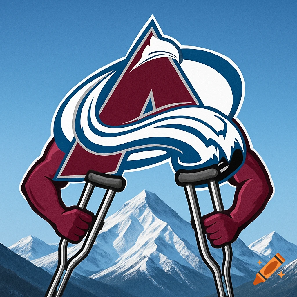 A stylized Colorado Avalanche logo with muscular arms holds crutches, set against snowy mountains under a clear blue sky.