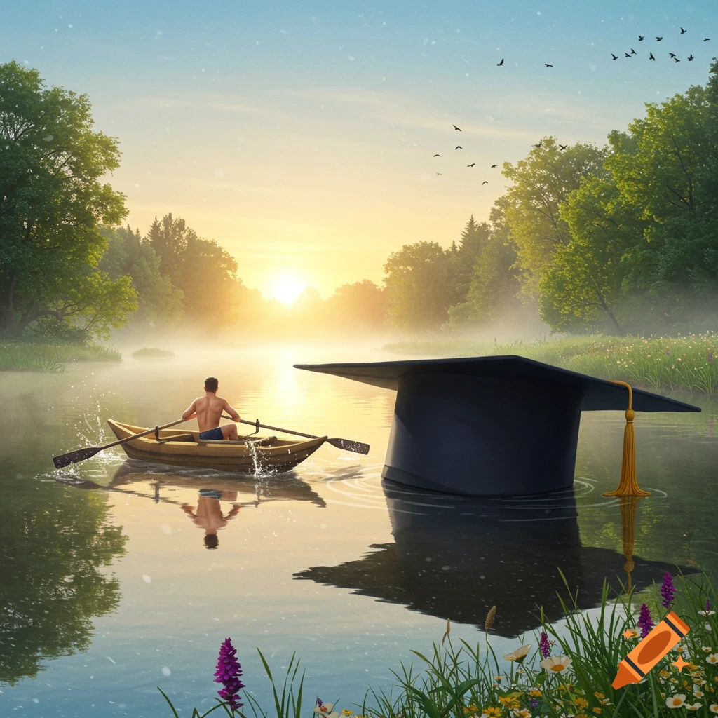 A man rows a boat towards a giant graduation hat floating on a misty lake at sunrise, surrounded by lush trees.