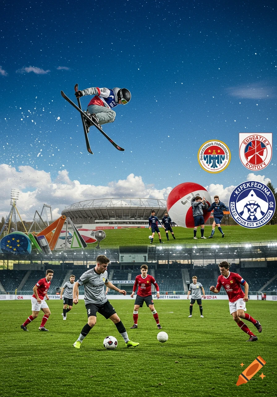 A collage showing a freestyle skier in mid-air, a football stadium, and football players on a field with various sports emblems.