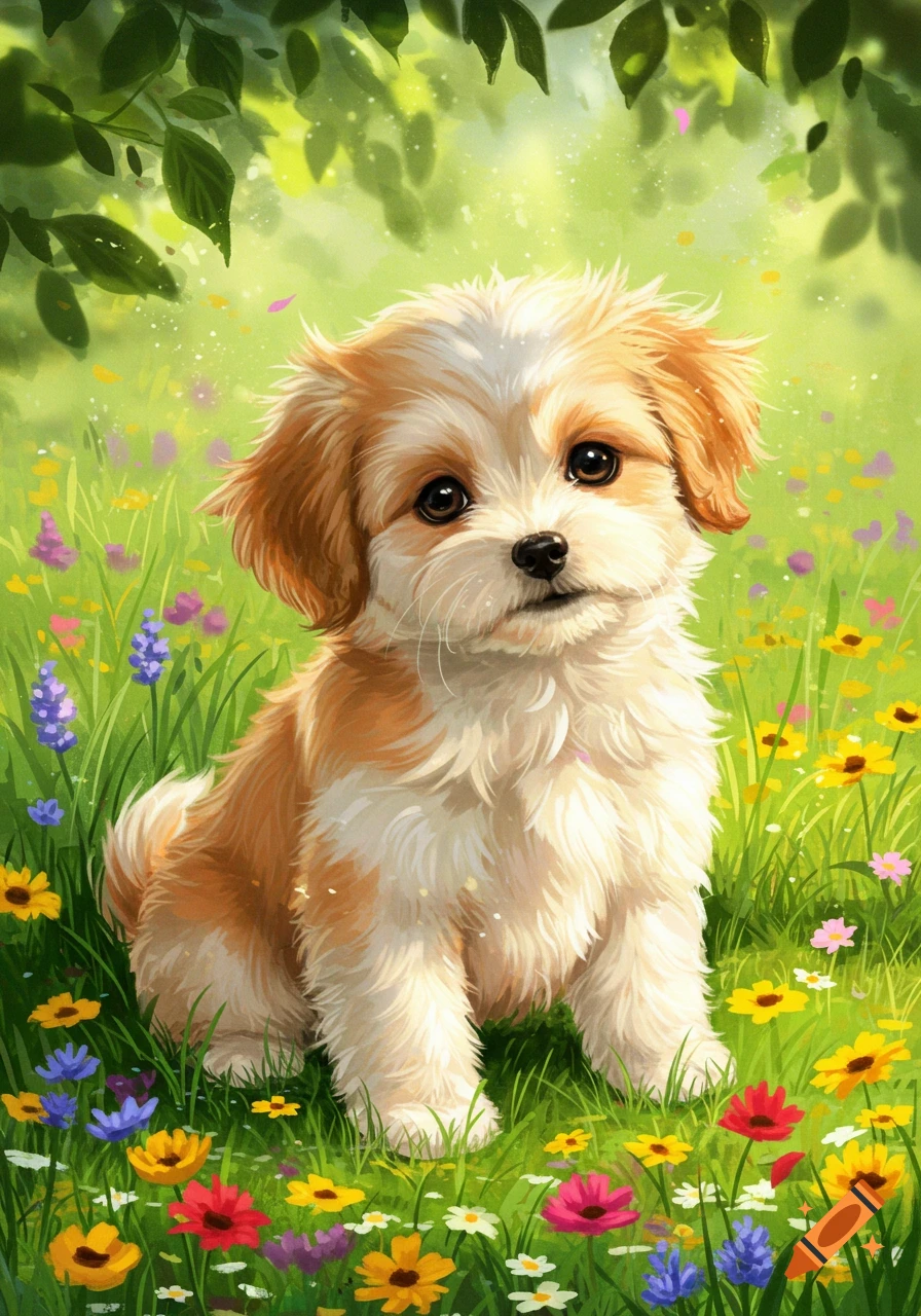 A fluffy brown and white puppy sits in a vibrant field of colorful flowers under green foliage, rendered in a soft illustrative style.