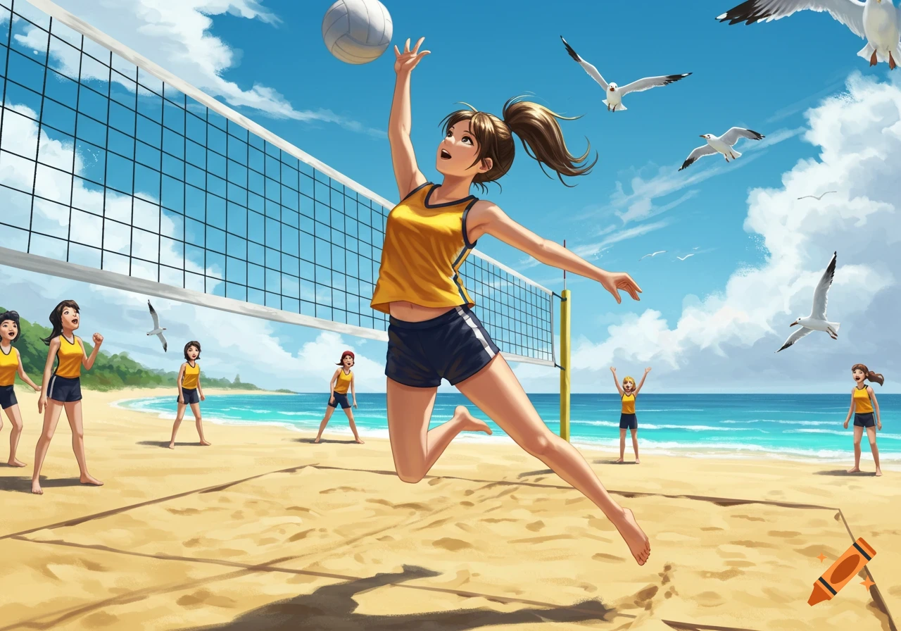 Anime illustration of a girl jumping to spike a volleyball on a sunny beach with other players and seagulls.