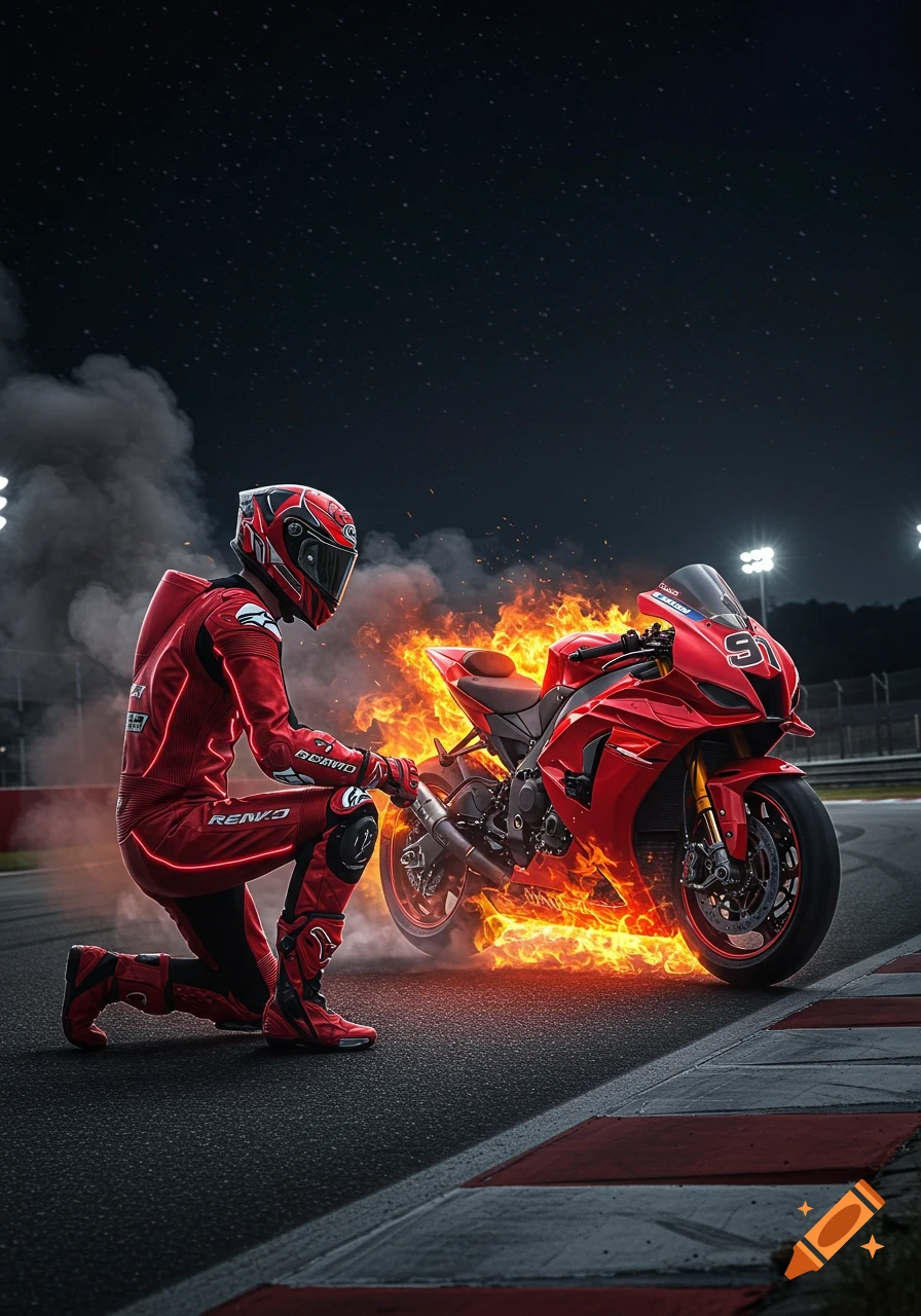 A motorcyclist in a red suit kneels beside a red motorcycle engulfed in flames on a race track at night.