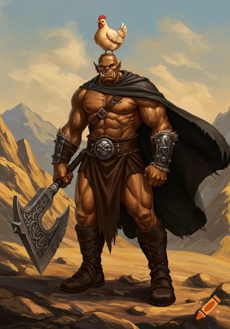 Muscular orc warrior with a black cape, leather attire, and a huge axe, standing in a desert landscape with a chicken on his head. Digital painting.