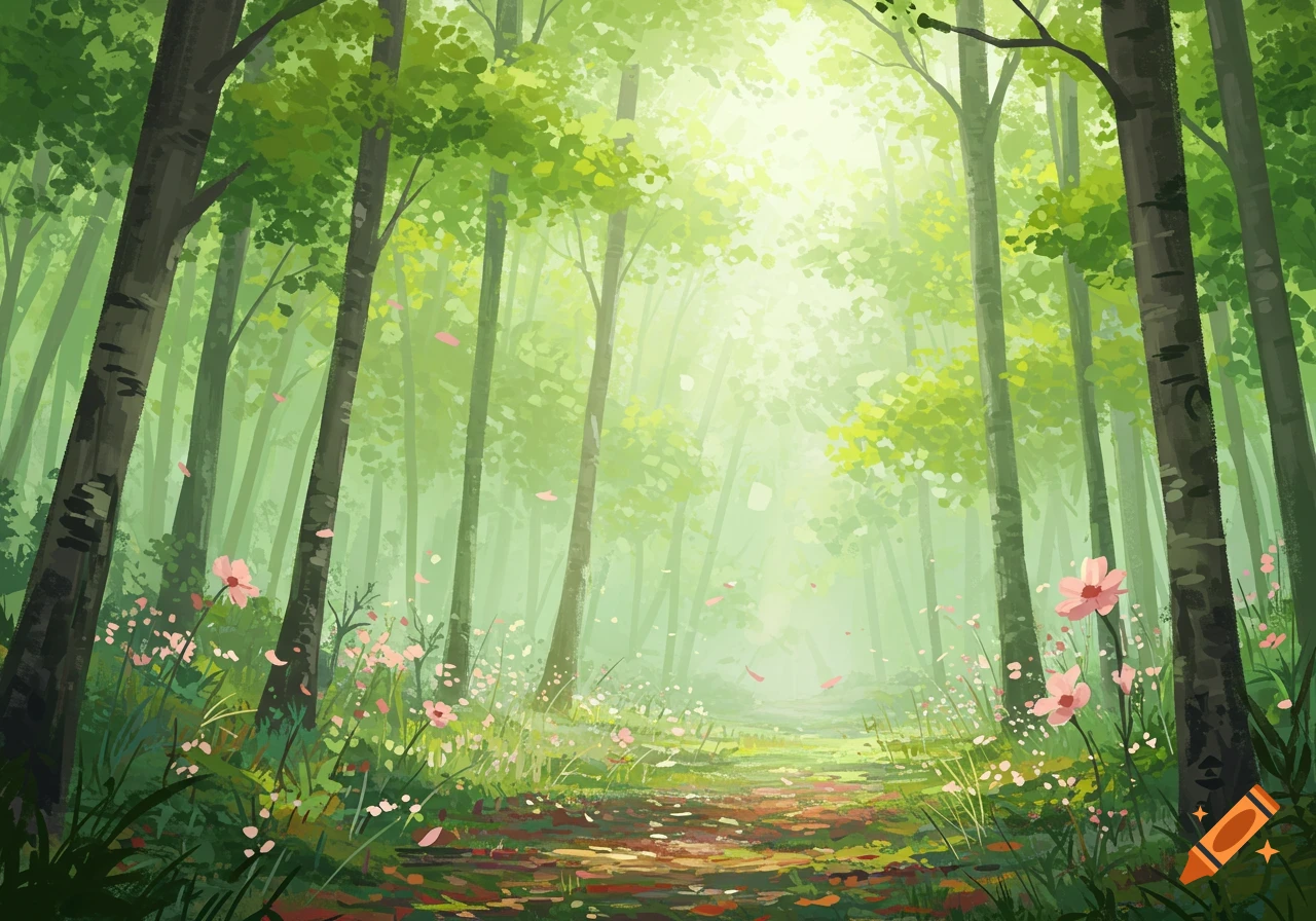 A painterly illustration of a lush forest with sunlight streaming through tall trees, a path, and pink wildflowers.