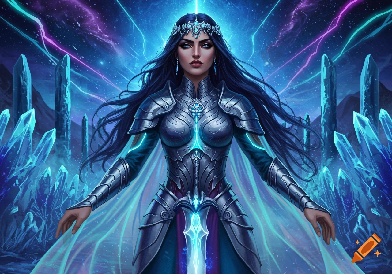 A powerful woman in ornate silver armor with glowing blue accents stands amidst glowing crystals under a cosmic sky with lightning.