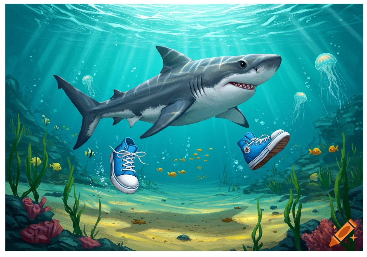 A cartoon great white shark swims underwater with two blue sneakers floating nearby, surrounded by fish and jellyfish.