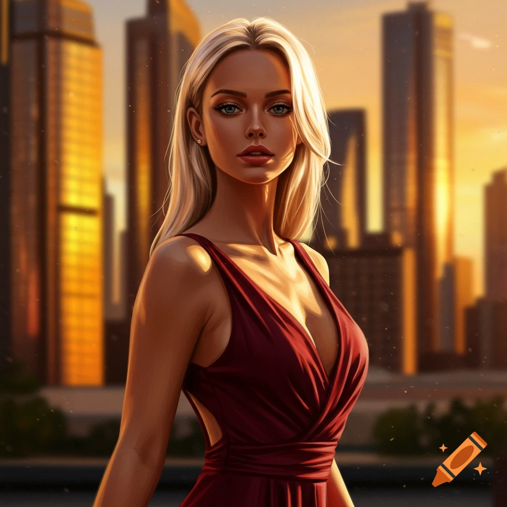 A beautiful blonde woman in a red dress poses against a cityscape at sunset.