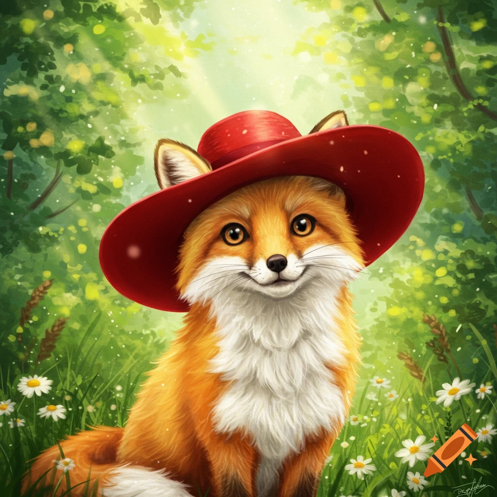 A cute orange and white fox with large eyes wears a red hat and smiles in a sun-dappled green forest with white wildflowers.