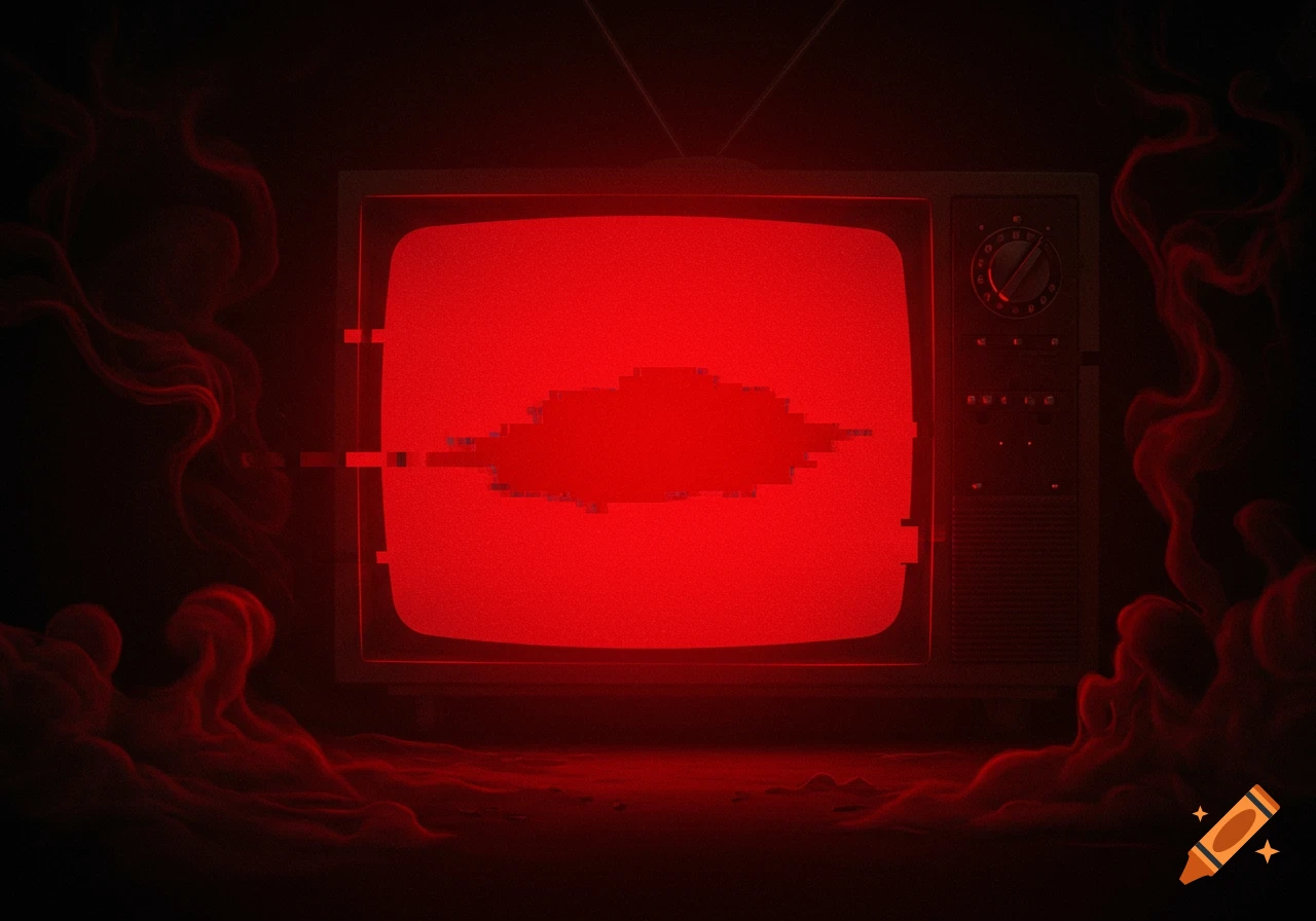 A vintage television with a bright red screen showing a pixelated red glitch effect, surrounded by red smoke in a dark room.