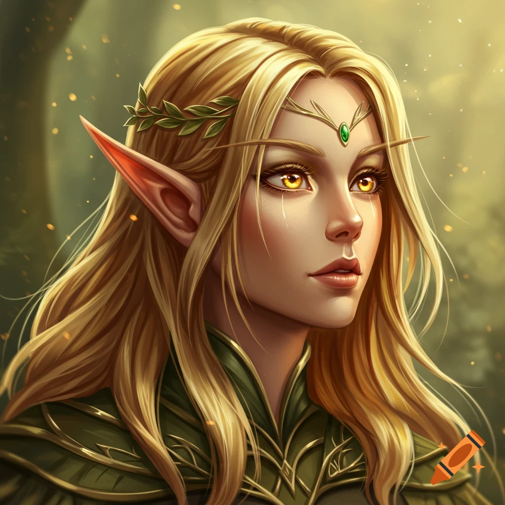 Digital art portrait of a golden-haired elf with golden eyes, pointy ears, a diadem, and green armor, looking slightly upward.