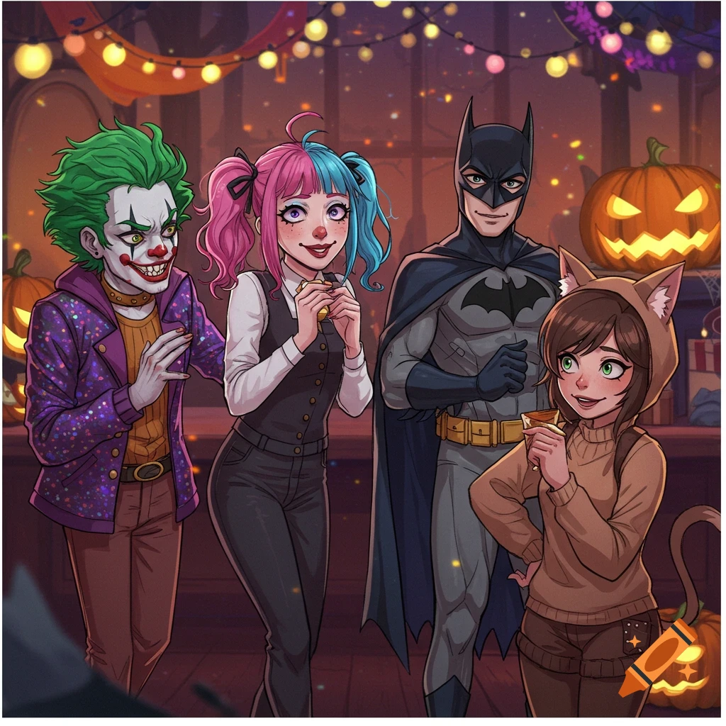 Four people dressed as Joker, Harley Quinn, Batman, and a cat at a Halloween party, in a cartoon-illustrative style.