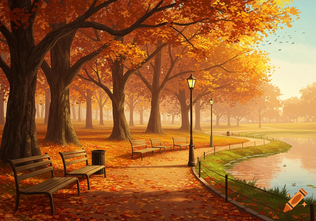 A vibrant illustrative autumn park scene with a path, benches, and orange-leafed trees next to a tranquil pond.