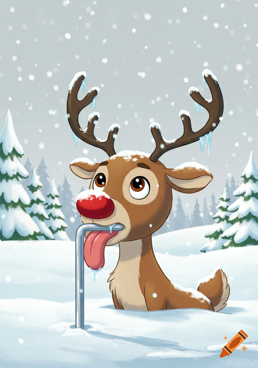 A cute cartoon reindeer with a red nose has its tongue stuck to a frozen metal pole in a snowy forest. Icicles hang from its antlers.