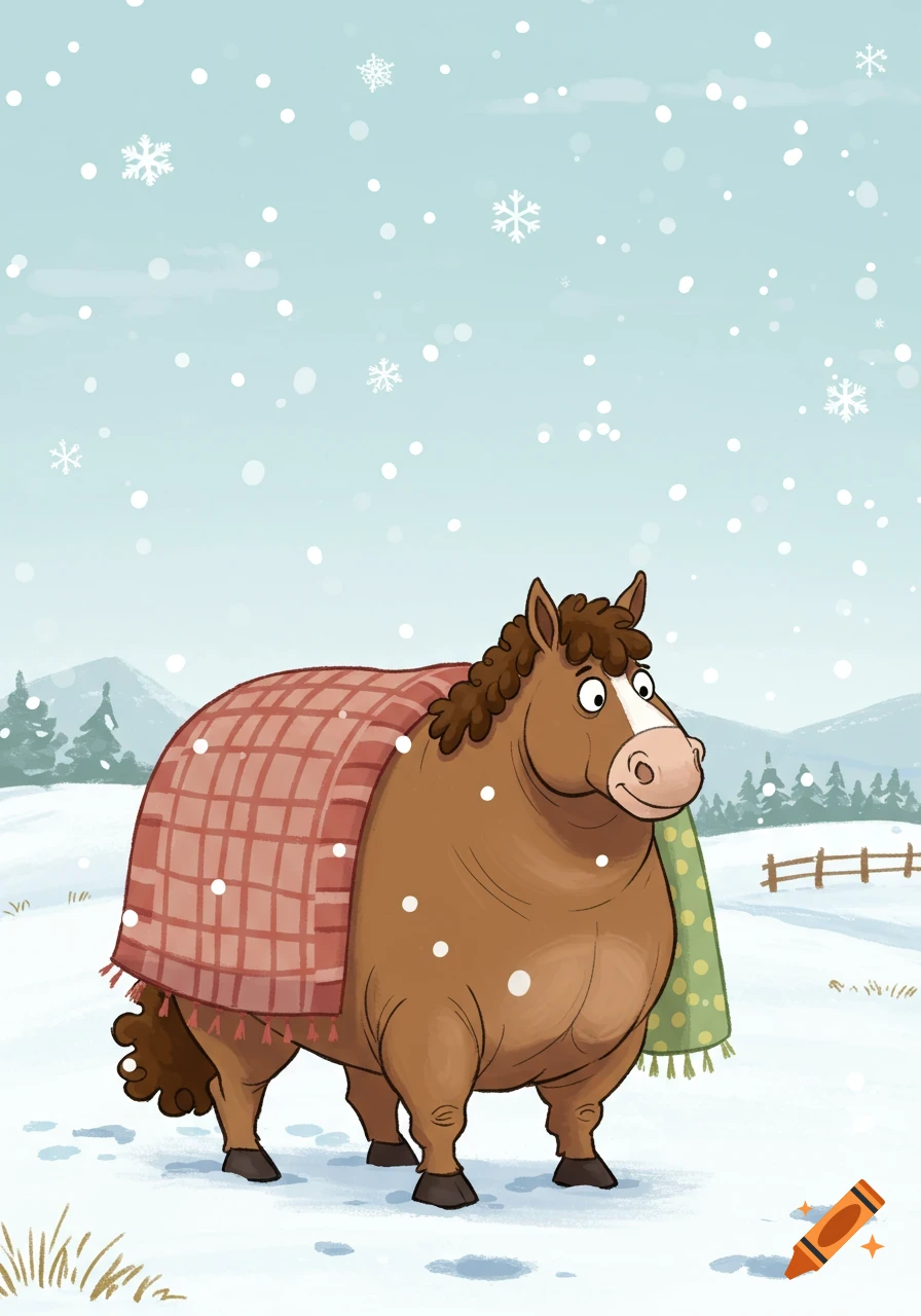 A funny cartoon horse wearing two plaid blankets stands in a snowy winter field with falling snow and distant trees.