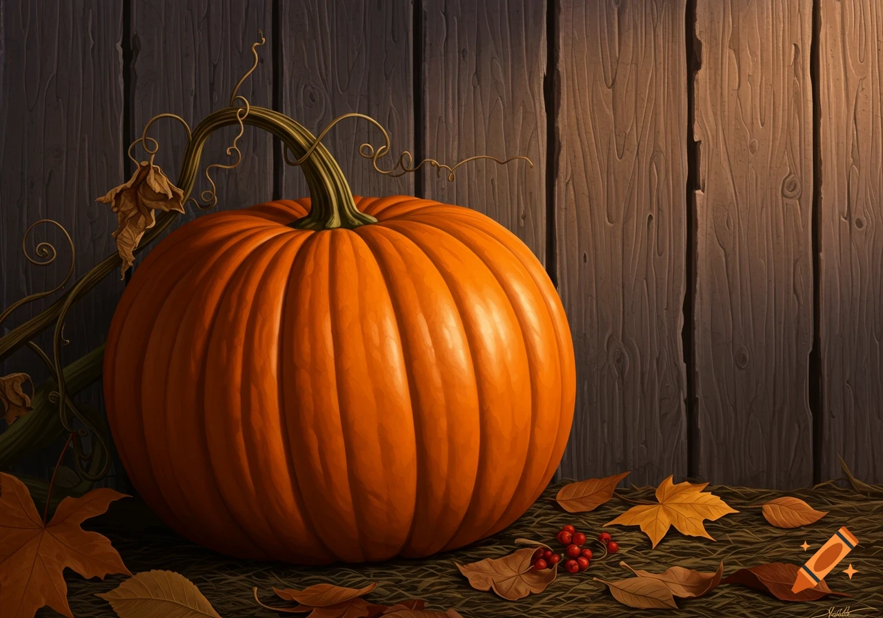 A vibrant orange pumpkin with a green stem and tendrils rests on a bed of dry autumn leaves in front of a rustic wooden fence, bathed in warm light.